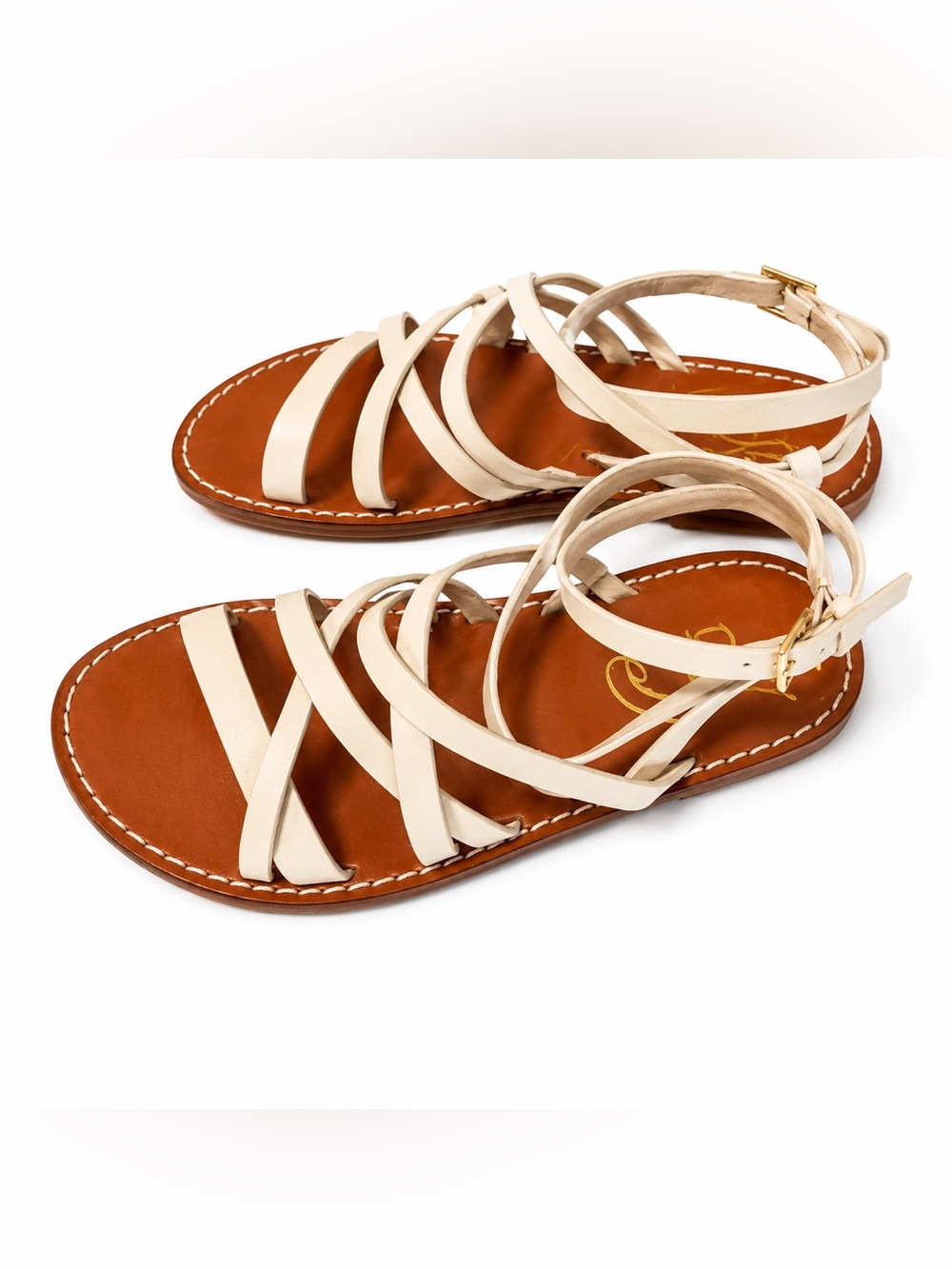 Sam Edelman Cream Strappy Flat Ankle-Wrap Sandals